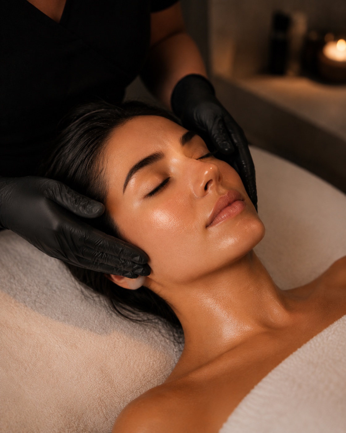 Medical provider assessing facial muscles for Botox in Fort Myers FL — dark spa setting