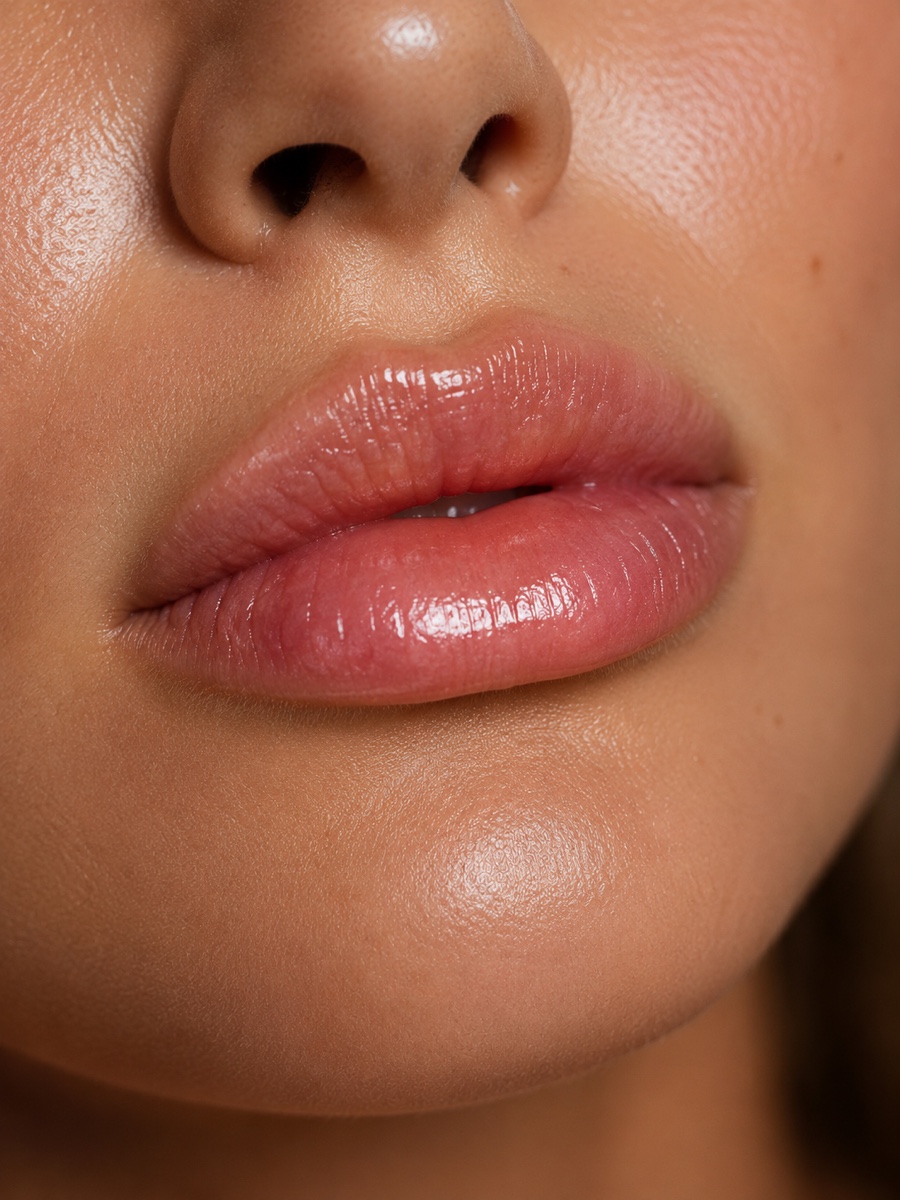 Day 1 lip filler swelling — full glossy lips immediately after treatment